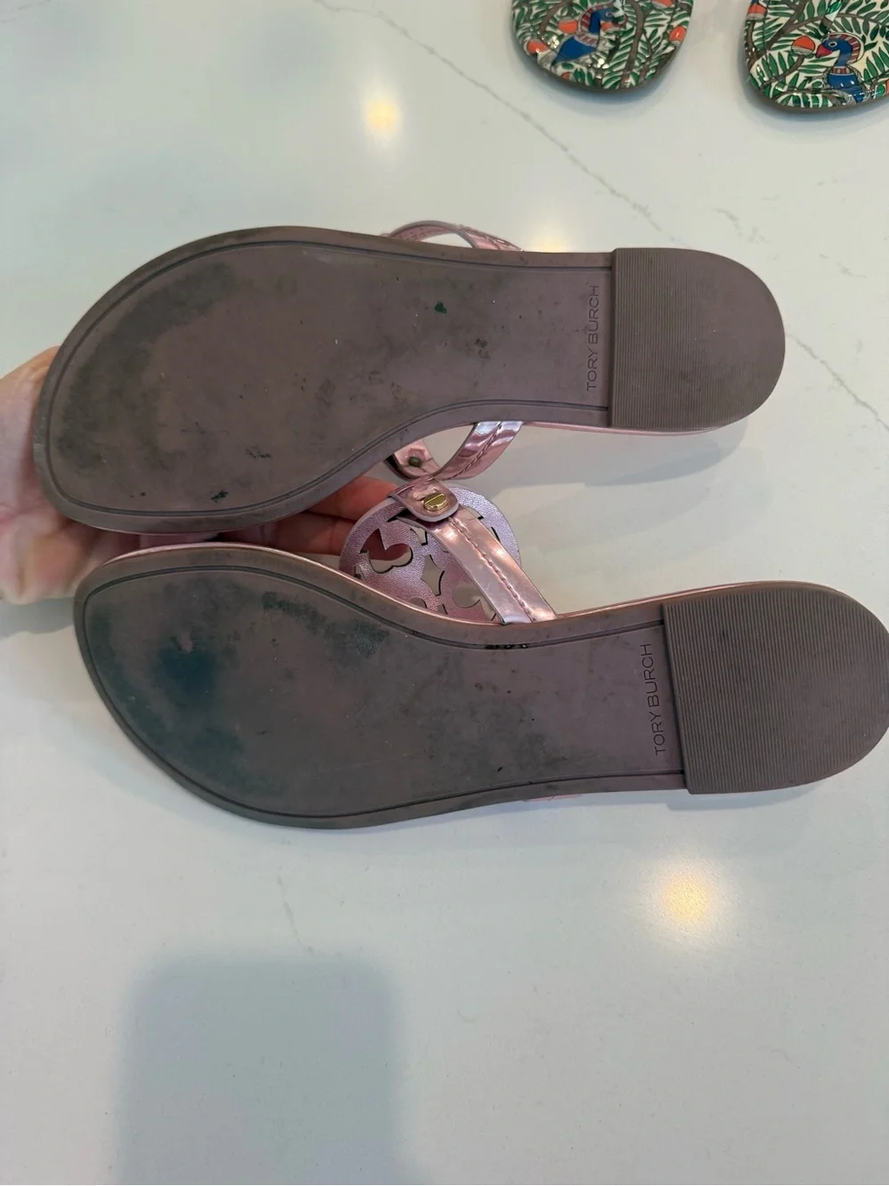 Tory Burch Metallic Rose Gold Logo Thong Sandals